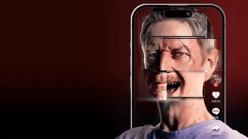 Eine Bildcollage: Ein männliches Gesicht fragmentiert auf einem Smartphone-Bildschirm.