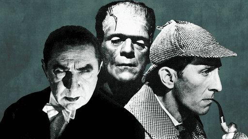 Bildcollage dreier Figuren des klassischen Horror und Grusel-Genres: Drakula, Frankenstein und Sherlock Holmes.