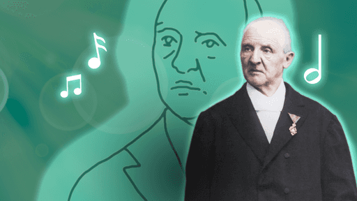 Eine Bildcollage mit Anton Bruckner als Foto und im stilsierten Fresko.