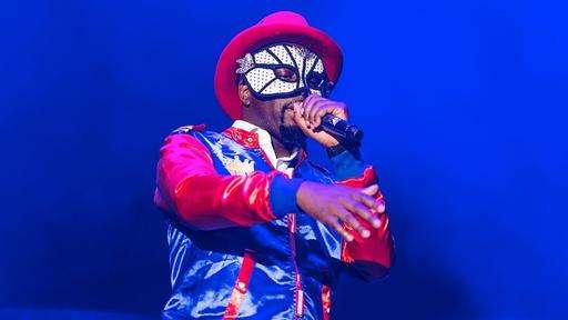 Wyclef Jean auf der Bühne mit Maske, rotem Hut und blauer Jacke.