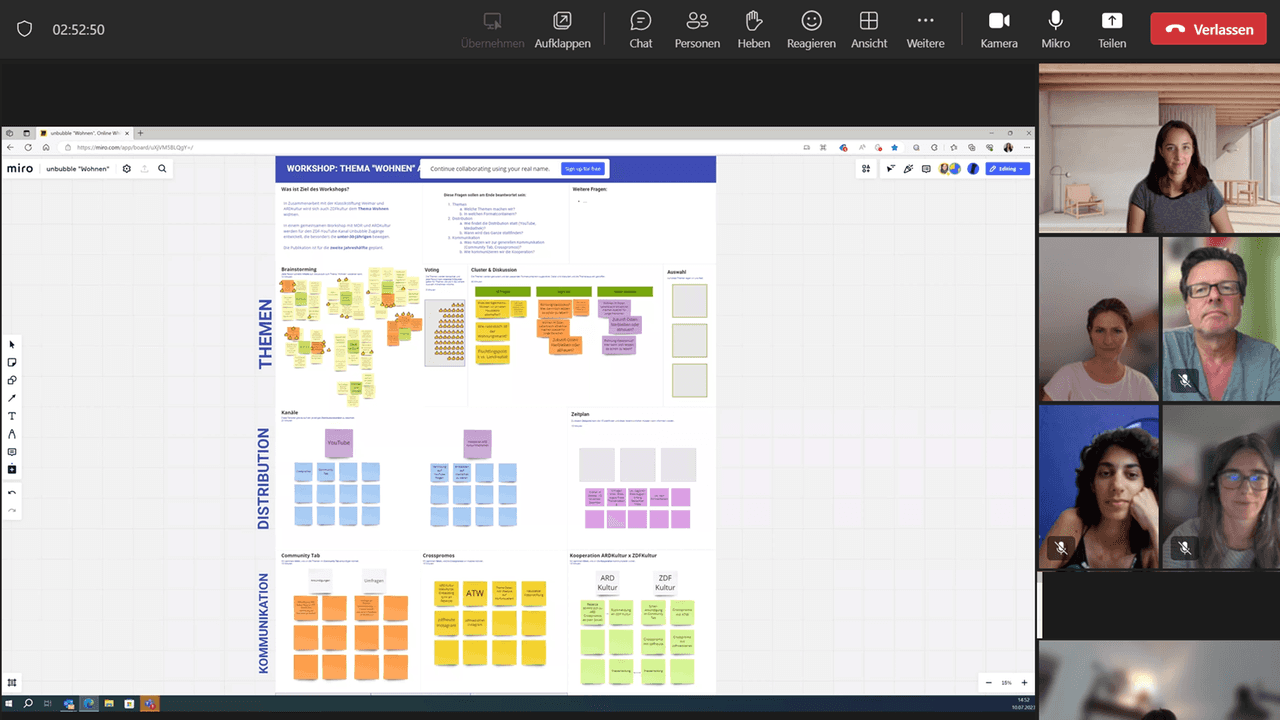 Screenshot eines digitalen Meetings mit den Teilnehmern an der rechten Seite und einem shared Screen mit einer digitalen Pinnwand