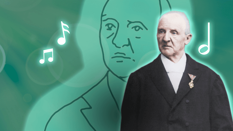 Eine Bildcollage mit Anton Bruckner als Foto und im stilsierten Fresko.