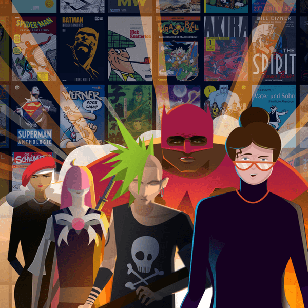 Comicfiguren Dr. Seyffert, Captain Arrow, der Fieser Fritz, Sachiko und Amelié (von rechts nach links) vor einer Auswahl an Comics und Mangas.