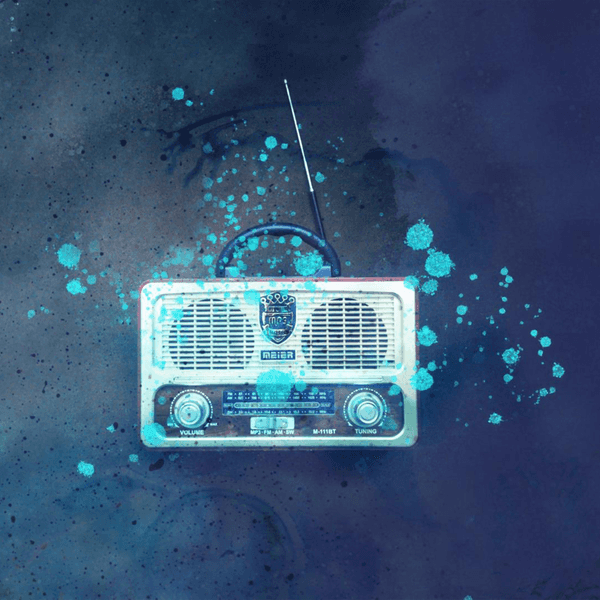 Ein stilisiertes Radio auf einer blauen besprenkelten Oberfläche.