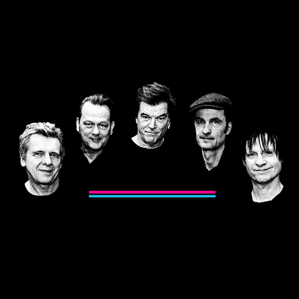 Eine weiße Collage der fünf aktiven Mitglieder der Band Die Toten Hosen auf schwarzem Hintergrund.